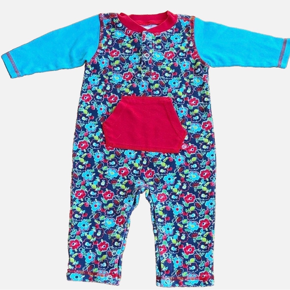 Zutano Baby Romper 9M Floral One Piece Long Sleeve Cotton Kangaroo Pocket